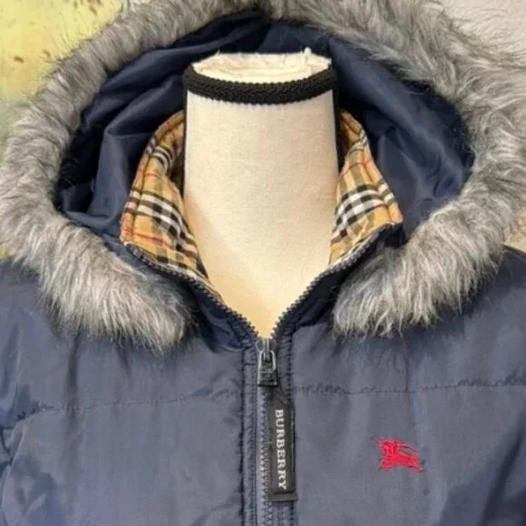 Authentic Burberry Navy Jacket with Faux Fur Hood